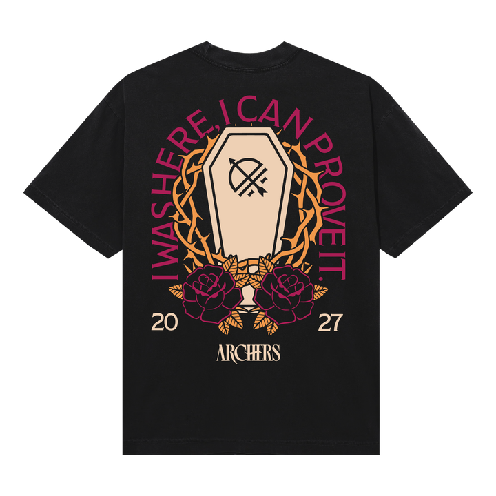 "I Was Here, I Can Prove It" Neon Coral Vinyl + "Coffin of Thorns" T-Shirt — Image 4 of 4