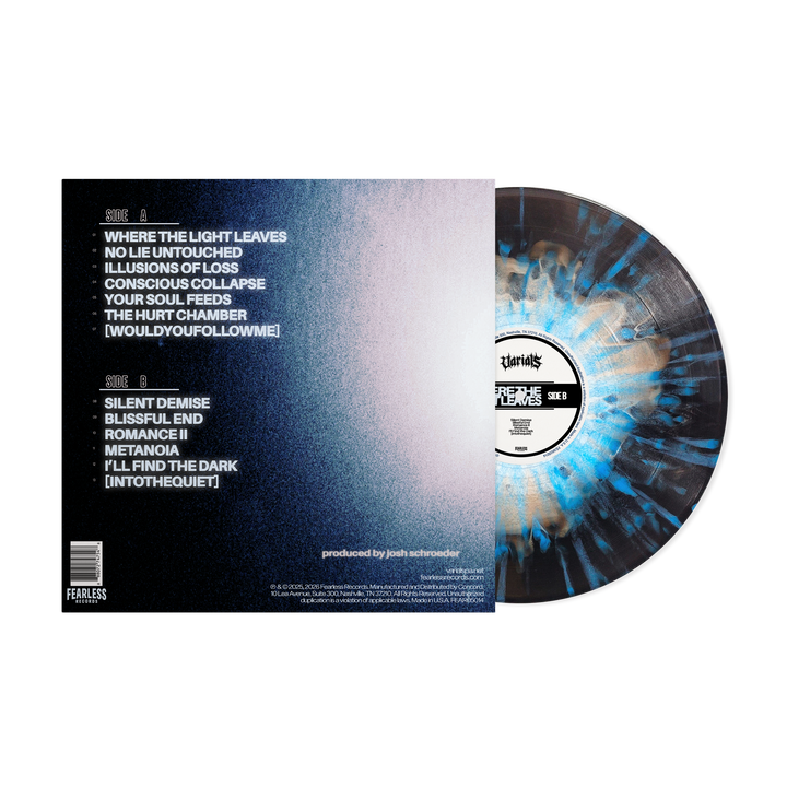 "WHERE THE LIGHT LEAVES" Black Ice and White w/ Sky Blue Splatter Vinyl