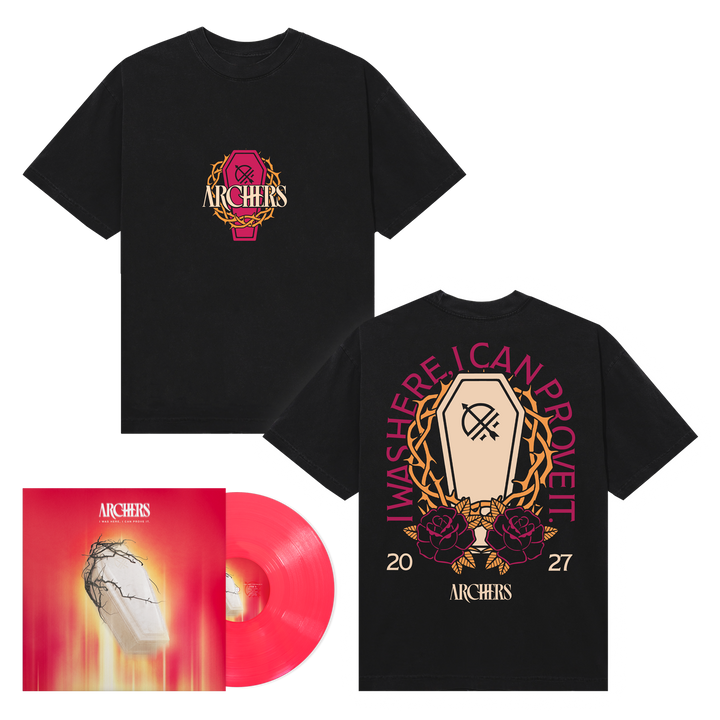 "I Was Here, I Can Prove It" Neon Coral Vinyl + "Coffin of Thorns" T-Shirt — Image 1 of 4